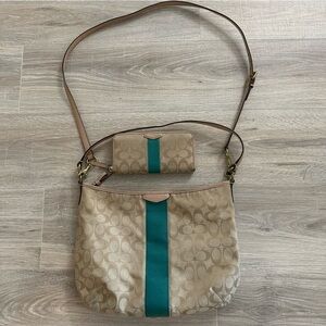 Coach Beige/Green signature canvas & leather Devin stripe shoulder bag & wallet